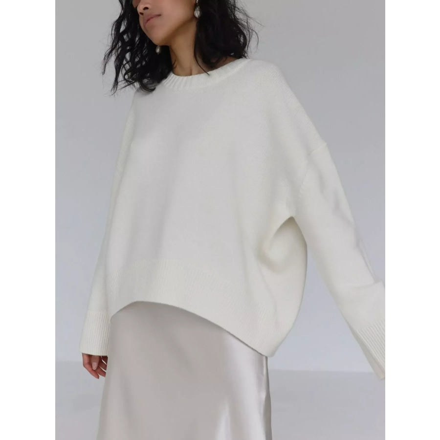 Ribbed Hem Round Neck Sweater White / One Size Apparel and Accessories