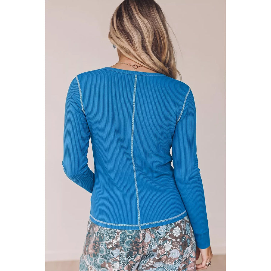 Ribbed Henley Long Sleeve T-Shirt Apparel and Accessories