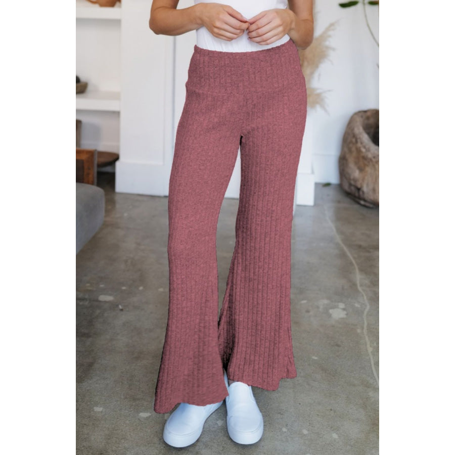 Ribbed High Waist Flare Pants Deep Rose / S Apparel and Accessories