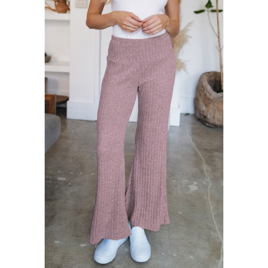 Ribbed High Waist Flare Pants Dusty Pink / S Apparel and Accessories