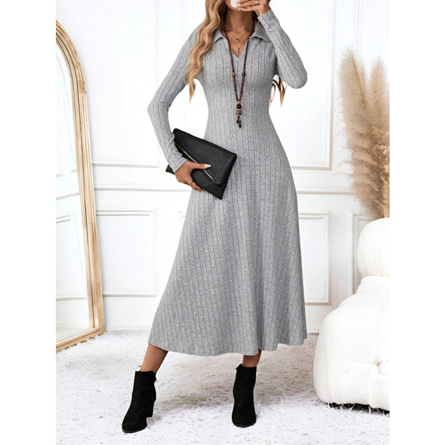 Ribbed Johnny Collar Long Sleeve Dress Apparel and Accessories