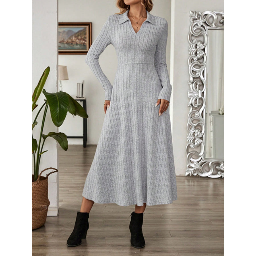 Ribbed Johnny Collar Long Sleeve Dress Apparel and Accessories