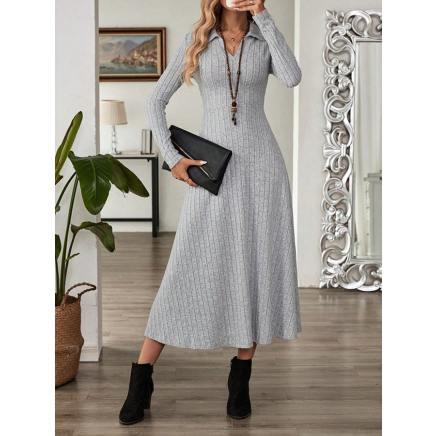 Ribbed Johnny Collar Long Sleeve Dress Apparel and Accessories