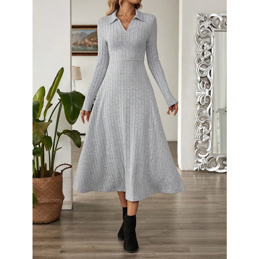 Ribbed Johnny Collar Long Sleeve Dress Gray / S Apparel and Accessories