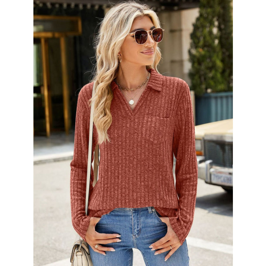 Ribbed Johnny Collar Long Sleeve T-Shirt Apparel and Accessories