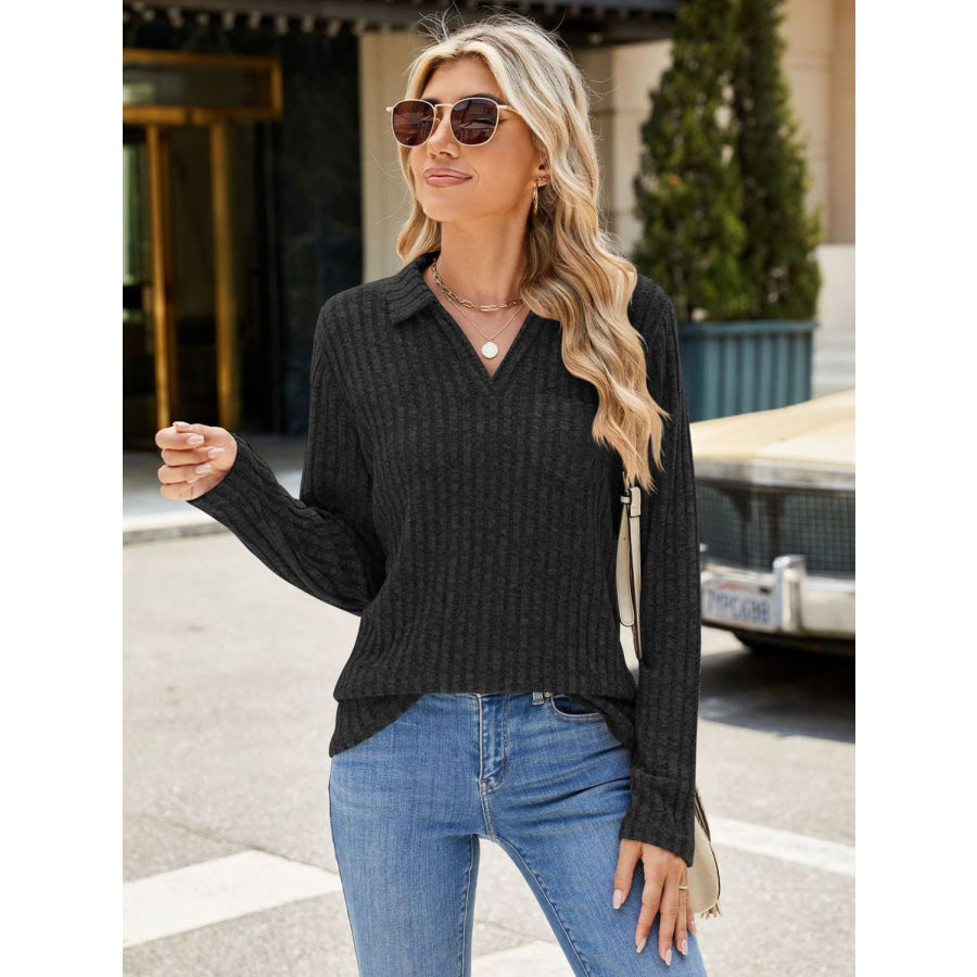 Ribbed Johnny Collar Long Sleeve T-Shirt Apparel and Accessories