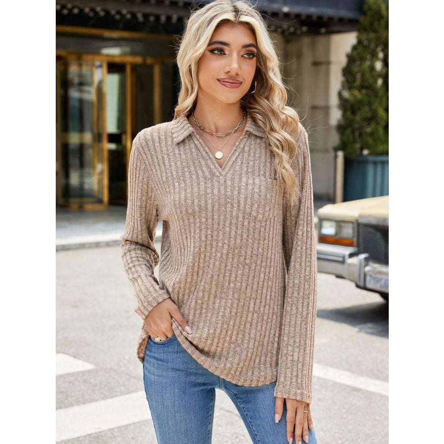 Ribbed Johnny Collar Long Sleeve T-Shirt Apparel and Accessories