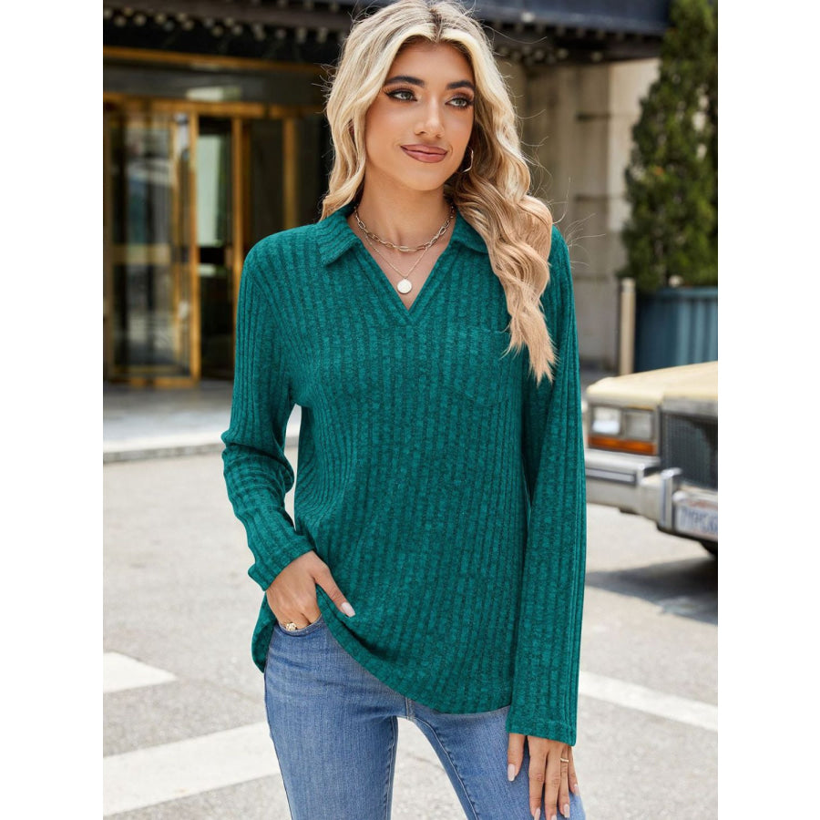 Ribbed Johnny Collar Long Sleeve T-Shirt Apparel and Accessories