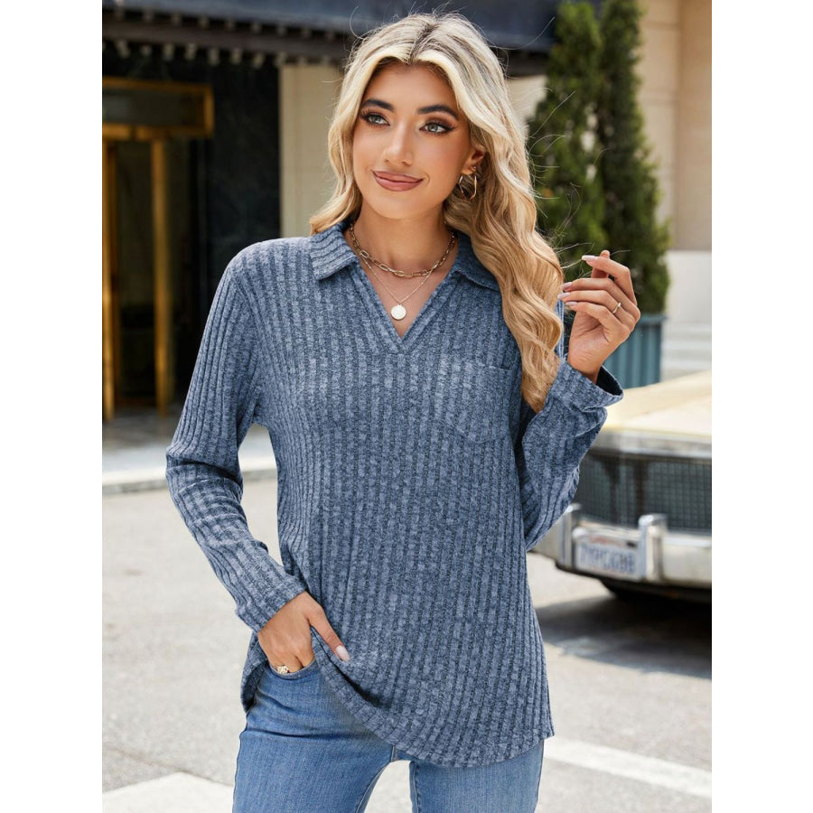 Ribbed Johnny Collar Long Sleeve T-Shirt Apparel and Accessories
