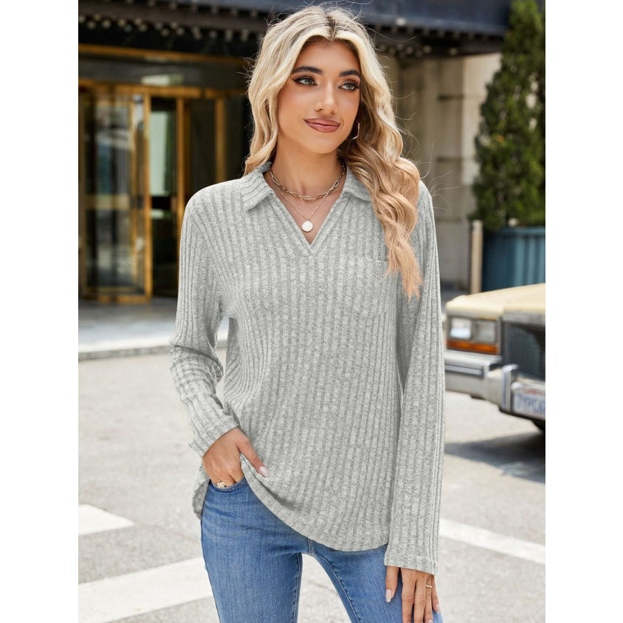 Ribbed Johnny Collar Long Sleeve T-Shirt Apparel and Accessories
