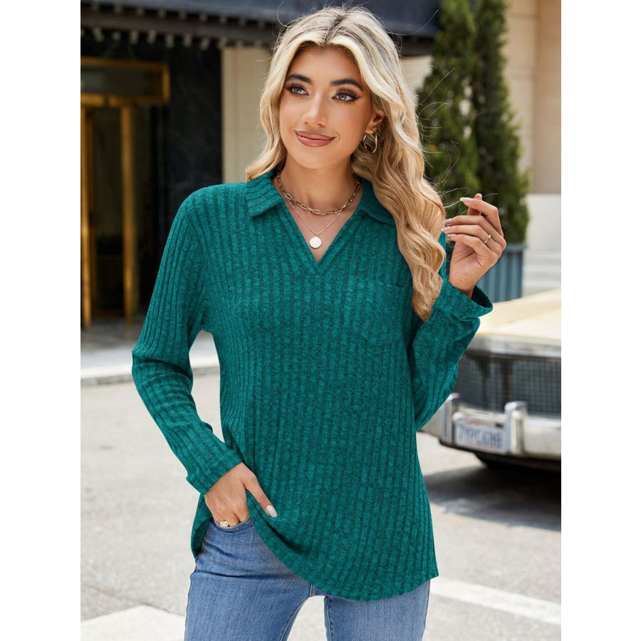 Ribbed Johnny Collar Long Sleeve T-Shirt Apparel and Accessories
