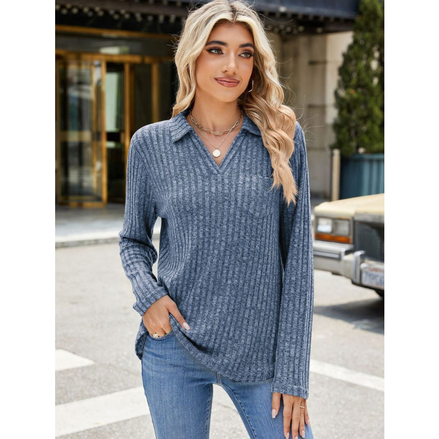 Ribbed Johnny Collar Long Sleeve T-Shirt Apparel and Accessories
