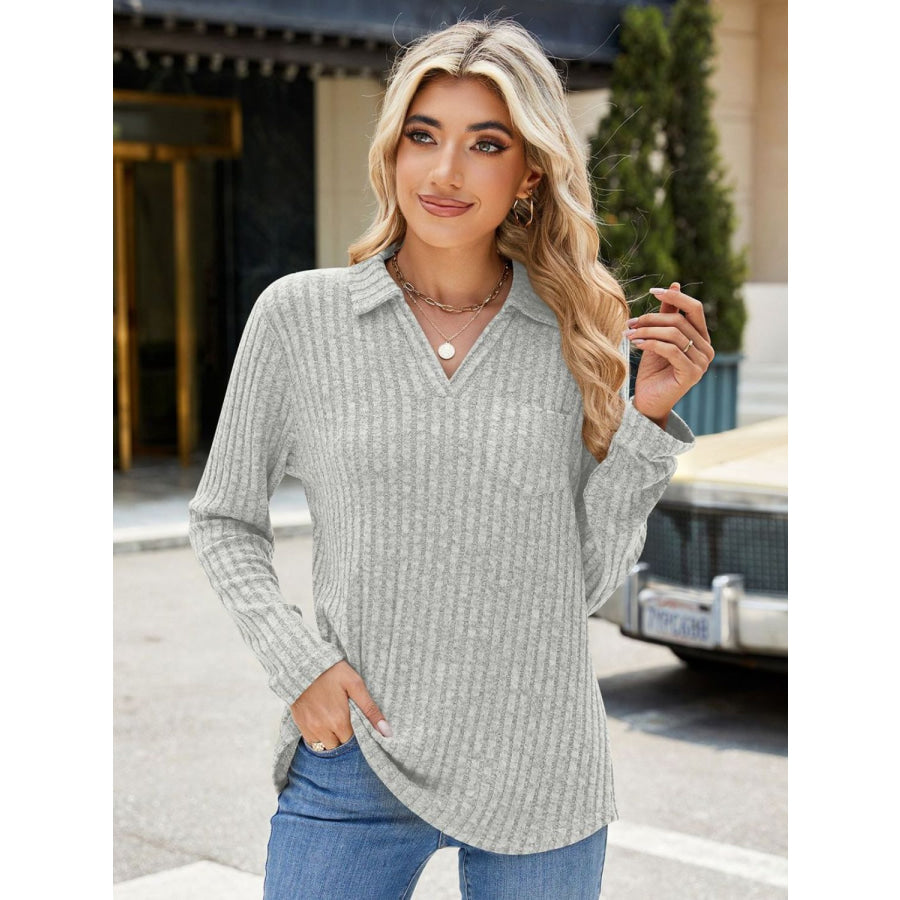 Ribbed Johnny Collar Long Sleeve T-Shirt Apparel and Accessories
