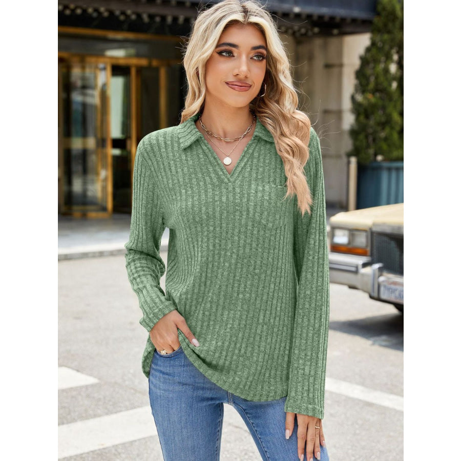 Ribbed Johnny Collar Long Sleeve T-Shirt Apparel and Accessories