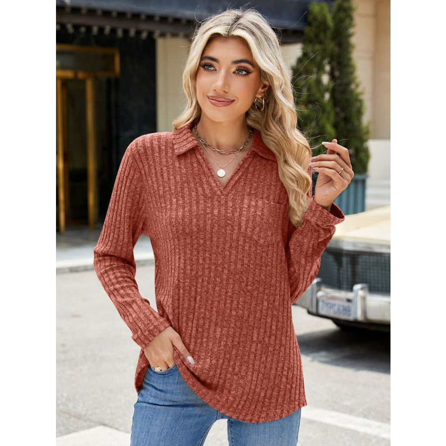 Ribbed Johnny Collar Long Sleeve T-Shirt Apparel and Accessories