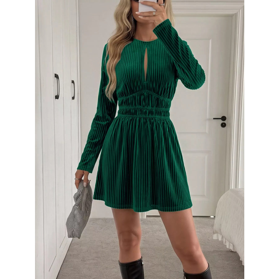 Ribbed Keyhole Long Sleeve Mini Dress Apparel and Accessories