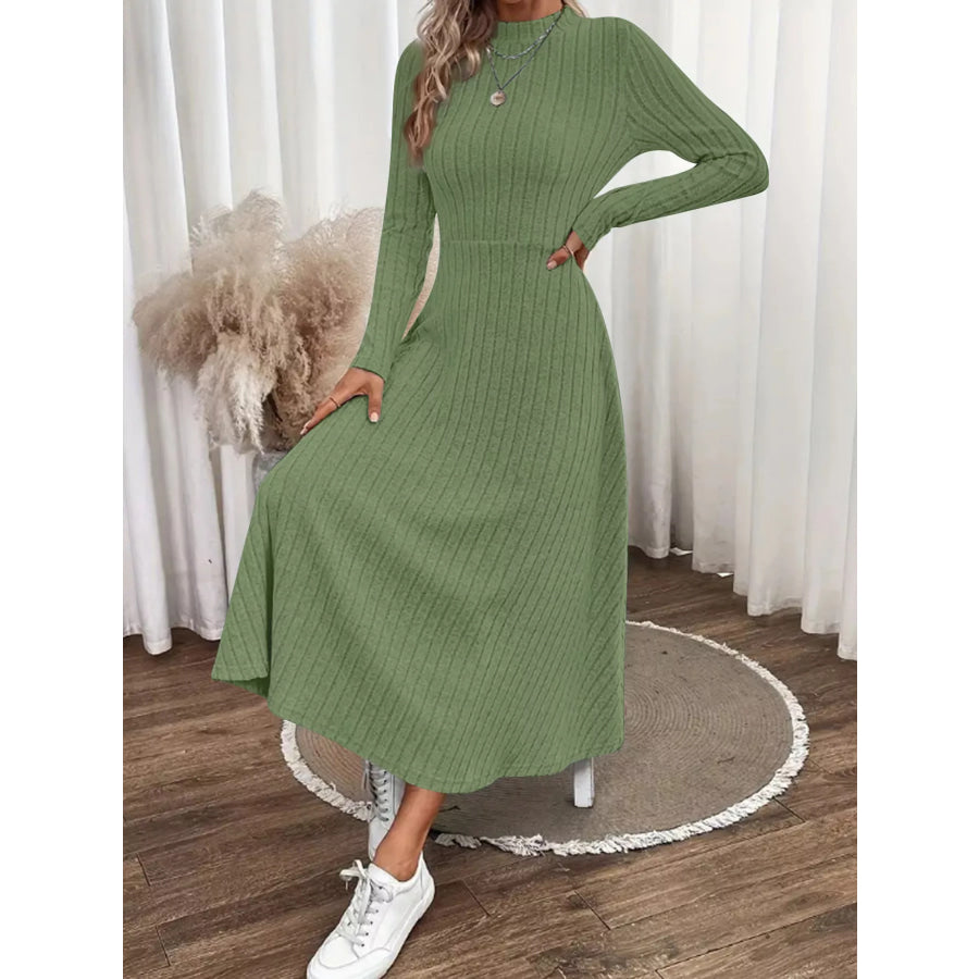 Ribbed Knit A-Line Midi Dress Army Green / S Apparel and Accessories