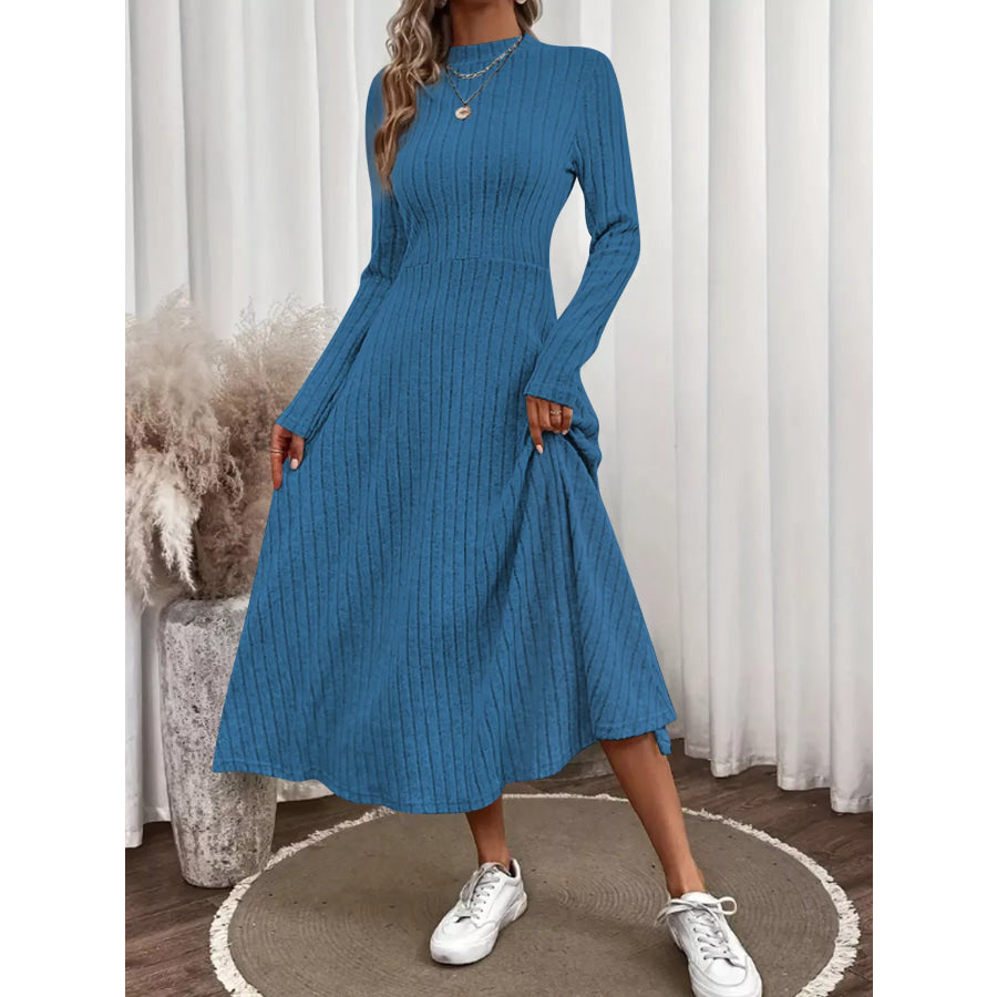 Ribbed Knit A-Line Midi Dress Blue / S Apparel and Accessories
