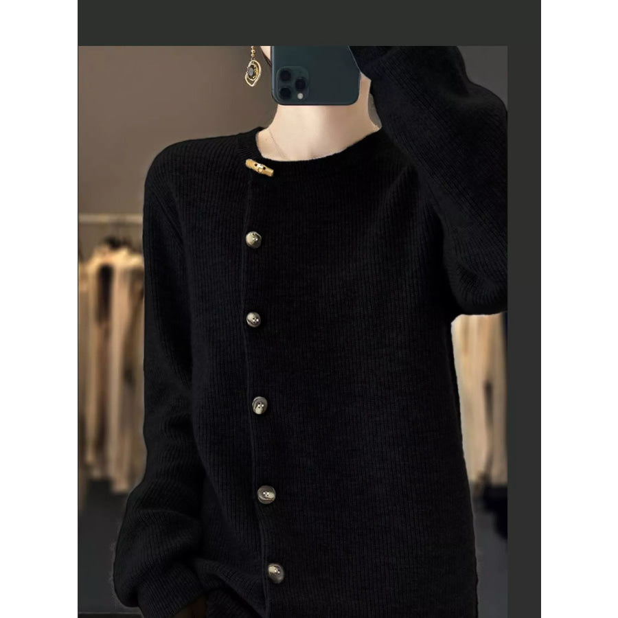 Ribbed Knit Asymmetrical Button Cardigan Apparel and Accessories