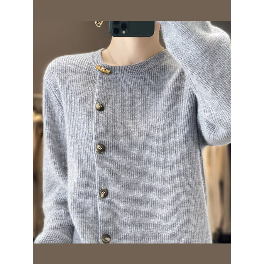 Ribbed Knit Asymmetrical Button Cardigan Apparel and Accessories