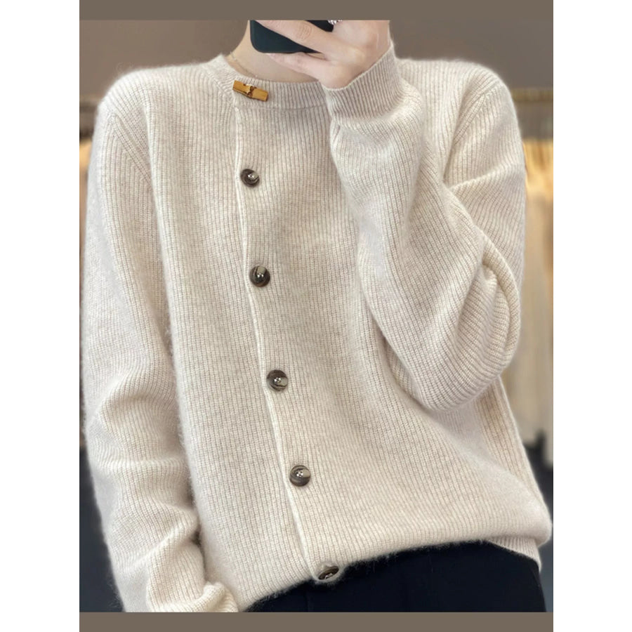 Ribbed Knit Asymmetrical Button Cardigan Apparel and Accessories