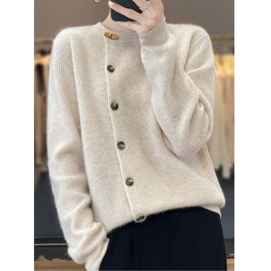 Ribbed Knit Asymmetrical Button Cardigan Apparel and Accessories