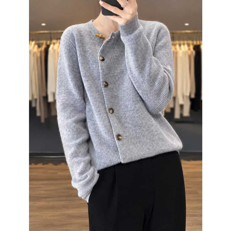 Ribbed Knit Asymmetrical Button Cardigan Apparel and Accessories