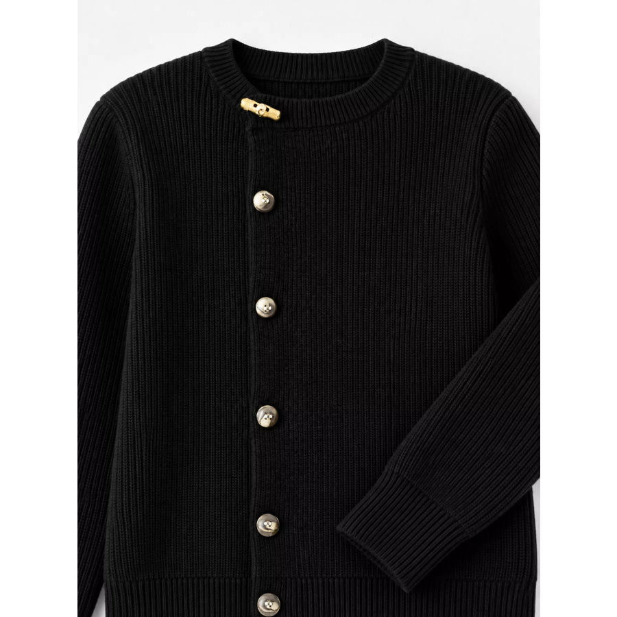 Ribbed Knit Asymmetrical Button Cardigan Black / S Apparel and Accessories