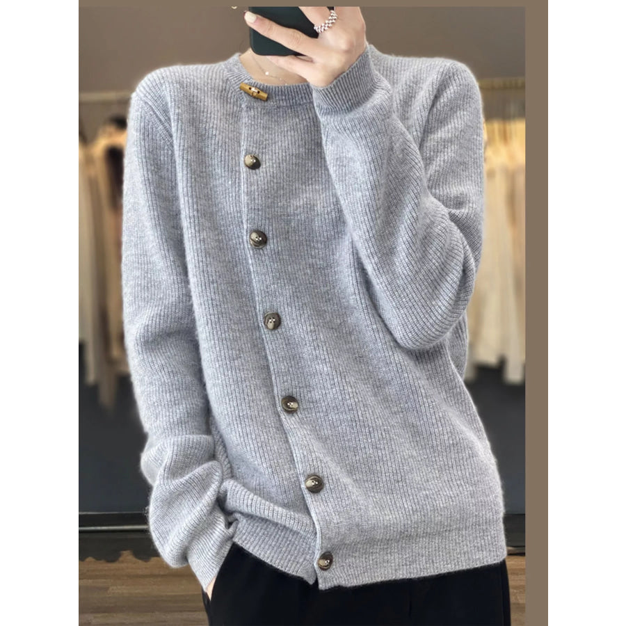 Ribbed Knit Asymmetrical Button Cardigan Light Gray / S Apparel and Accessories