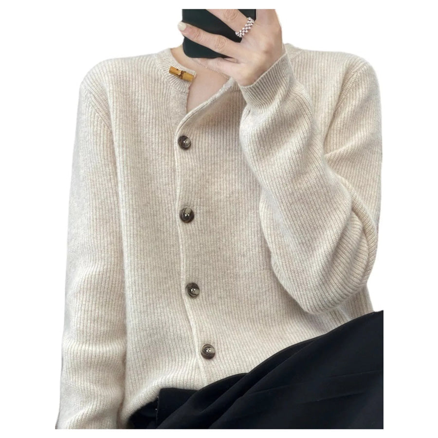 Ribbed Knit Asymmetrical Button Cardigan Pearl Barley / S Apparel and Accessories