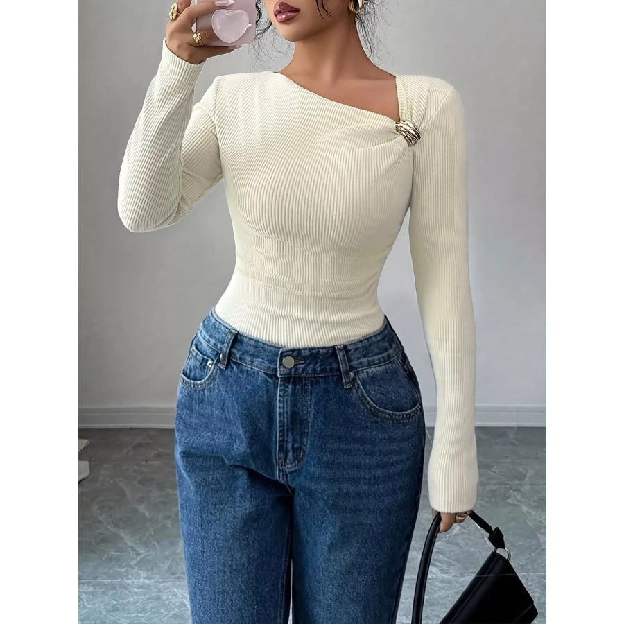Ribbed Knit Asymmetrical Long Sleeve T-Shirt Apparel and Accessories