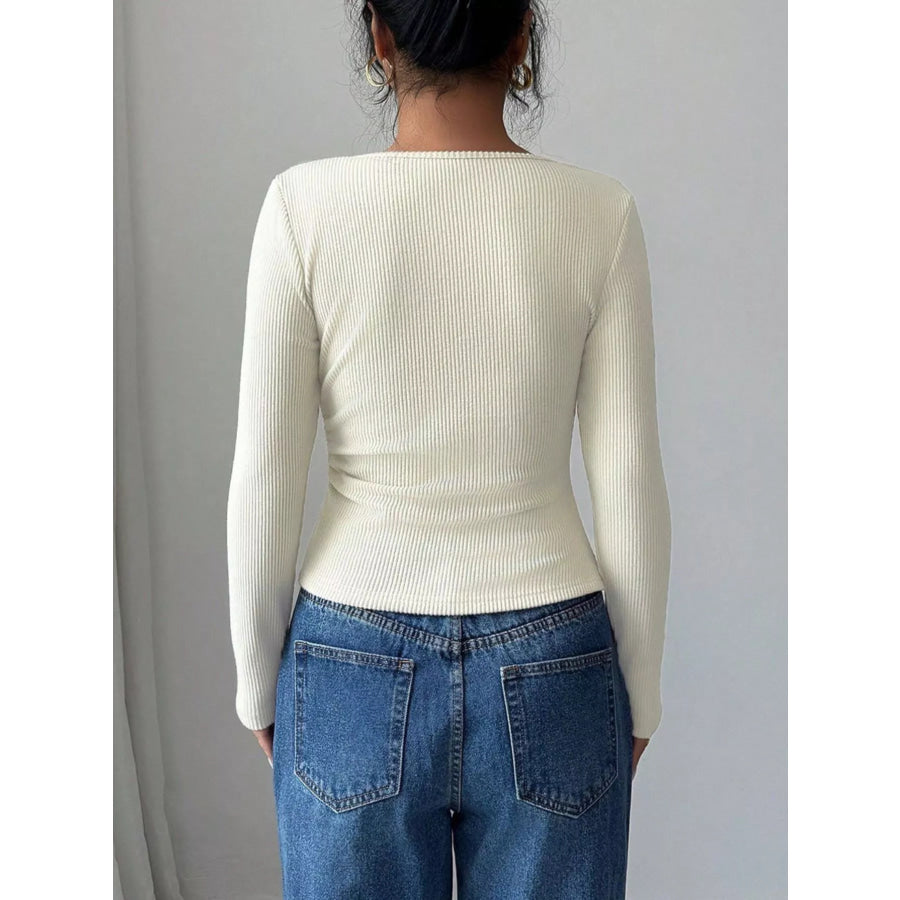 Ribbed Knit Asymmetrical Long Sleeve T-Shirt Apparel and Accessories