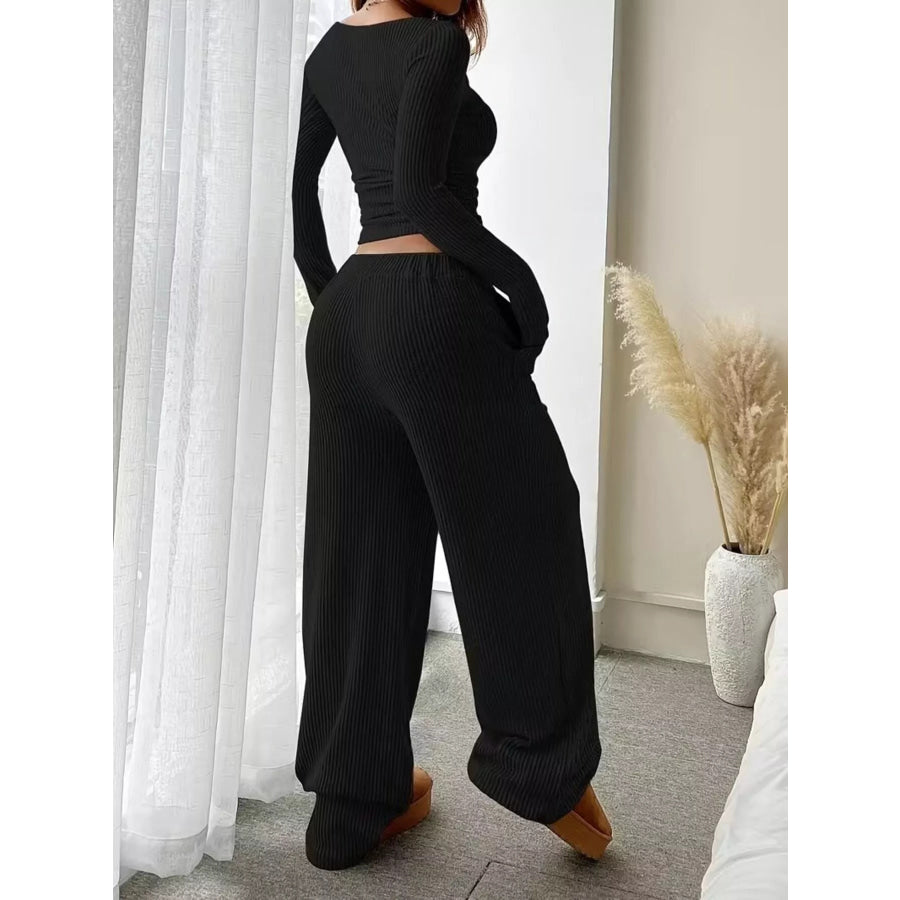 Ribbed Knit Boat Neck Top and Pants Set Apparel and Accessories