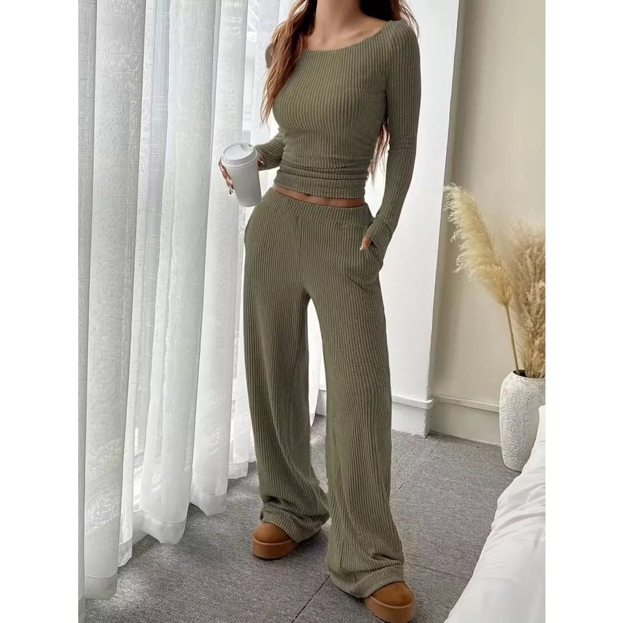 Ribbed Knit Boat Neck Top and Pants Set Apparel and Accessories