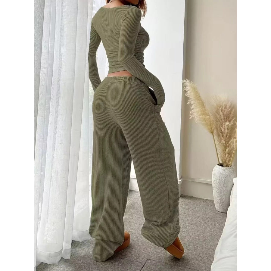 Ribbed Knit Boat Neck Top and Pants Set Apparel and Accessories