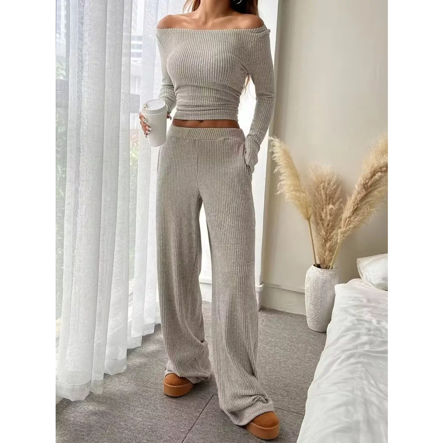 Ribbed Knit Boat Neck Top and Pants Set Apparel and Accessories