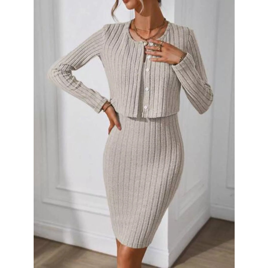 Ribbed Knit Bodycon Cami Dress with Cardigan Khaki / XS Apparel and Accessories