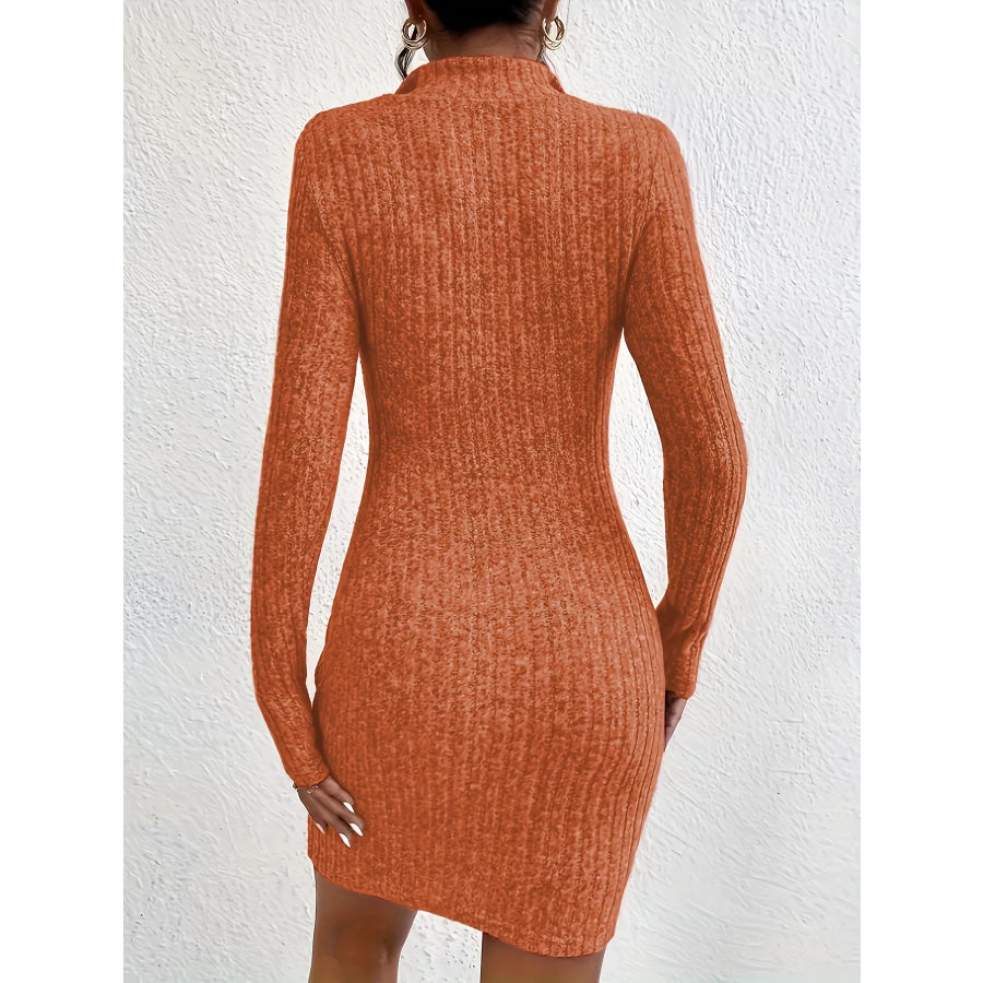 Ribbed Knit Bodycon Mini Dress with Zipper Ochre / S Apparel and Accessories