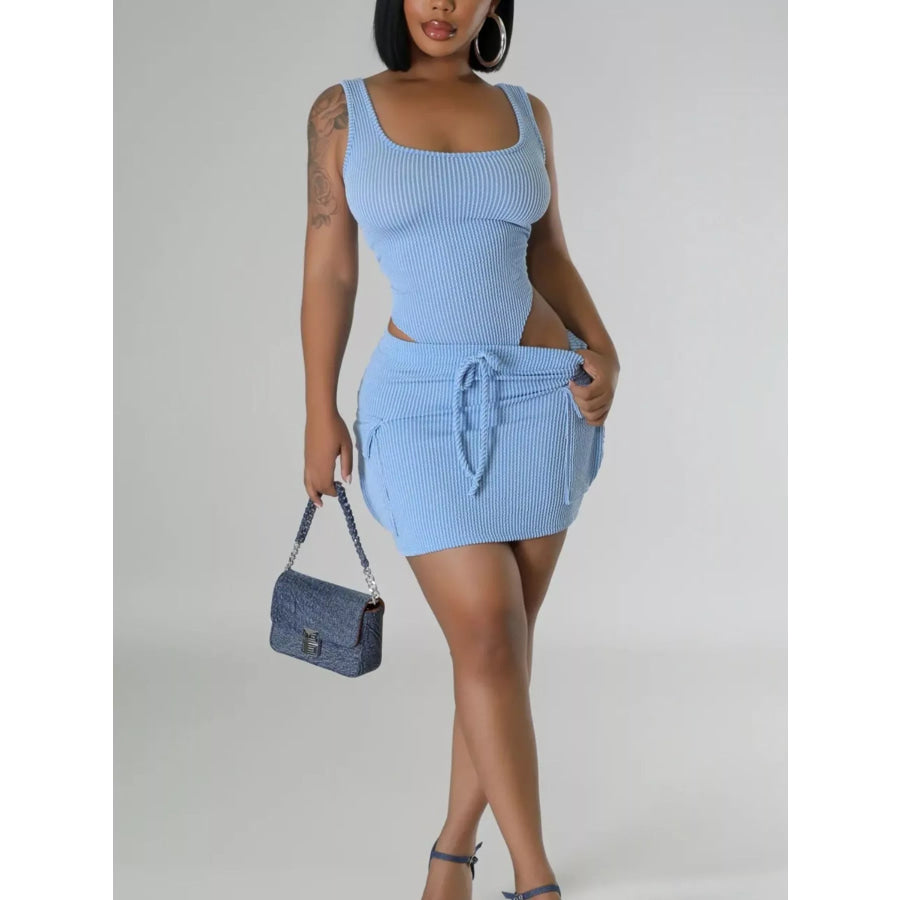 Ribbed Knit Bodysuit and Drawstring Skirt Set Light Blue / S Apparel and Accessories