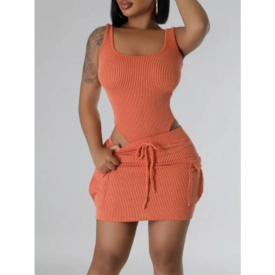 Ribbed Knit Bodysuit and Drawstring Skirt Set Orange / S Apparel and Accessories
