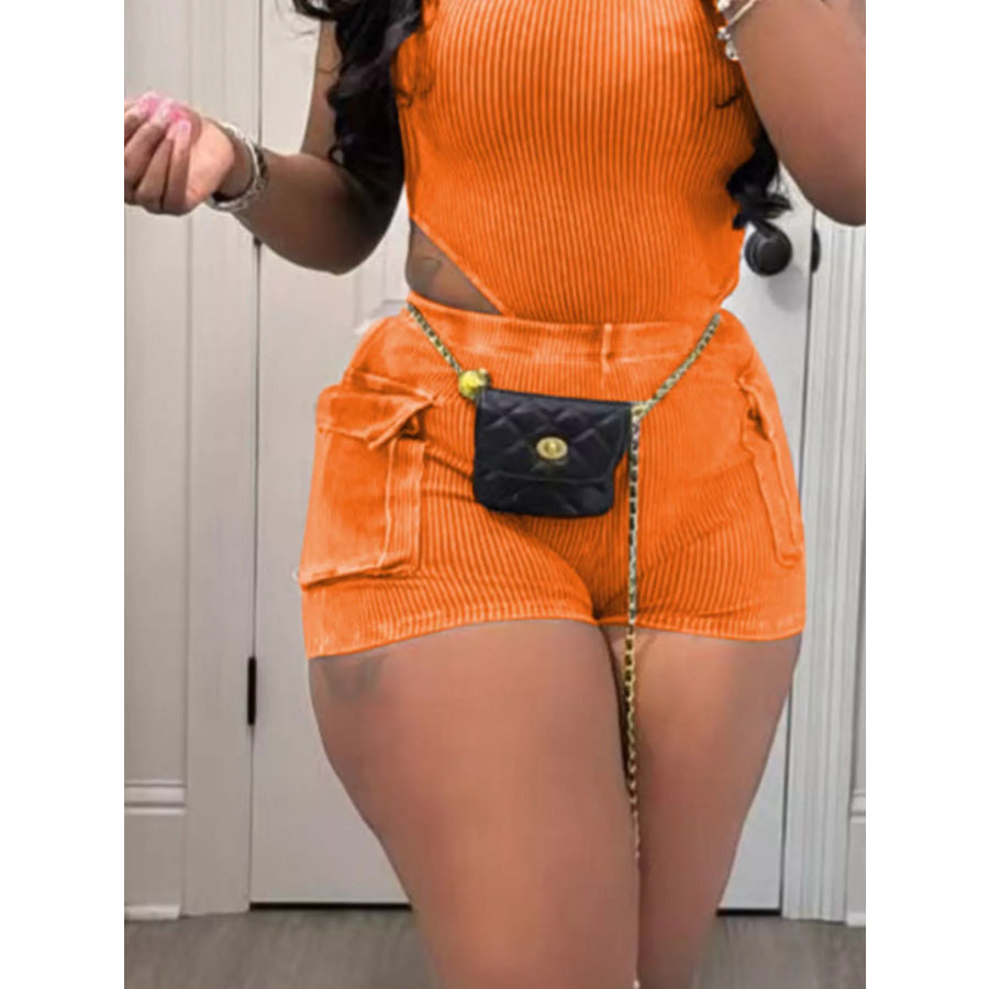 Ribbed Knit Bodysuit and Shorts Set Orange / S Apparel and Accessories