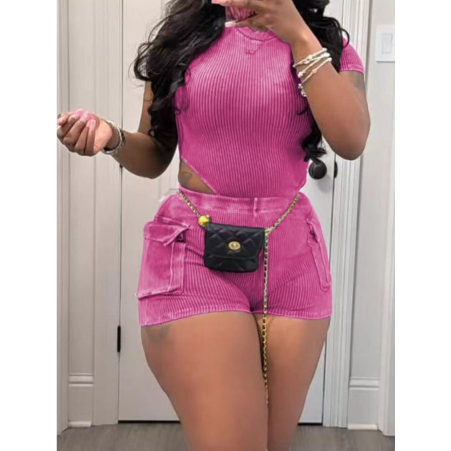 Ribbed Knit Bodysuit and Shorts Set Rose Red / S Apparel and Accessories