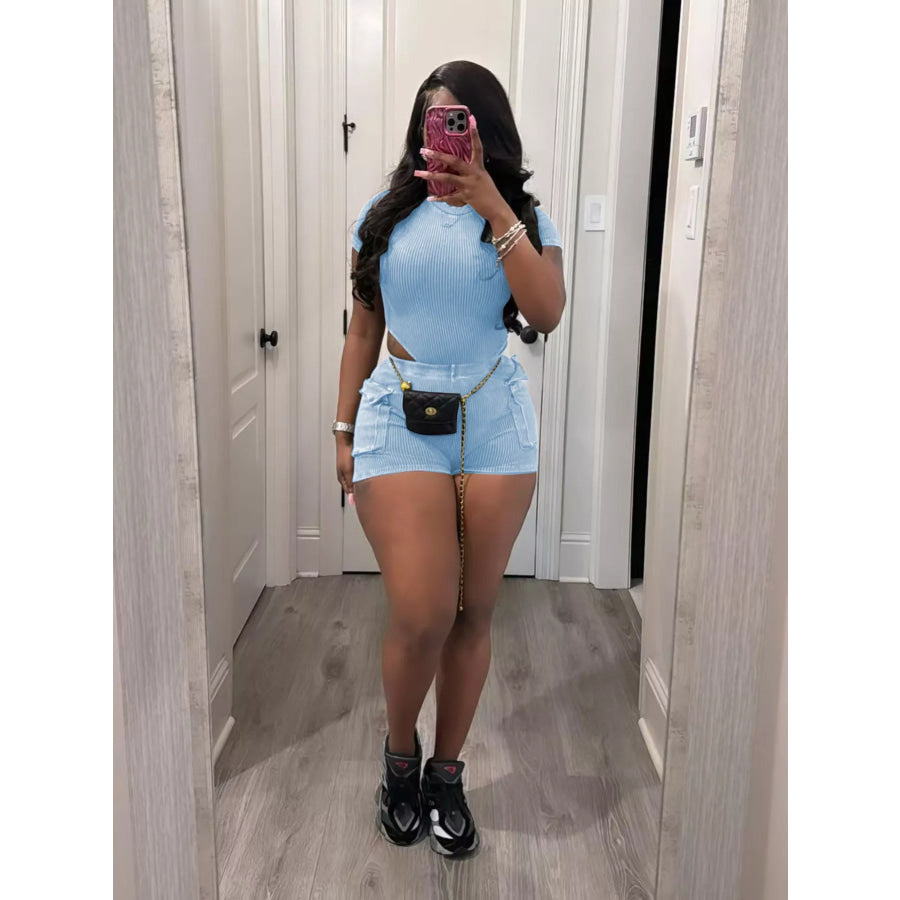 Ribbed Knit Bodysuit and Shorts Set Sky Blue / S Apparel and Accessories