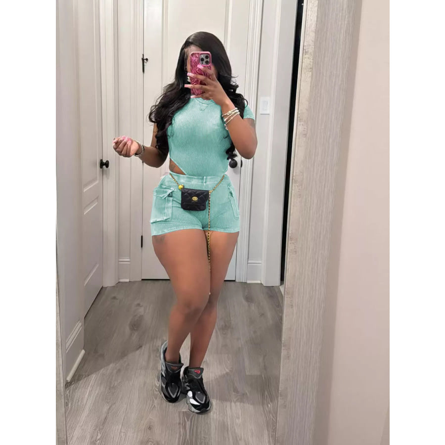 Ribbed Knit Bodysuit and Shorts Set Turquoise / S Apparel and Accessories