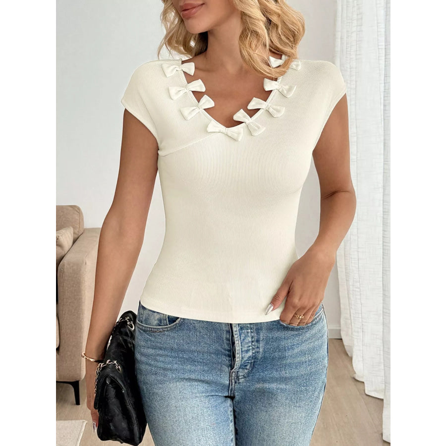 Ribbed Knit Bow Decor V-Neck T-Shirt Apparel and Accessories