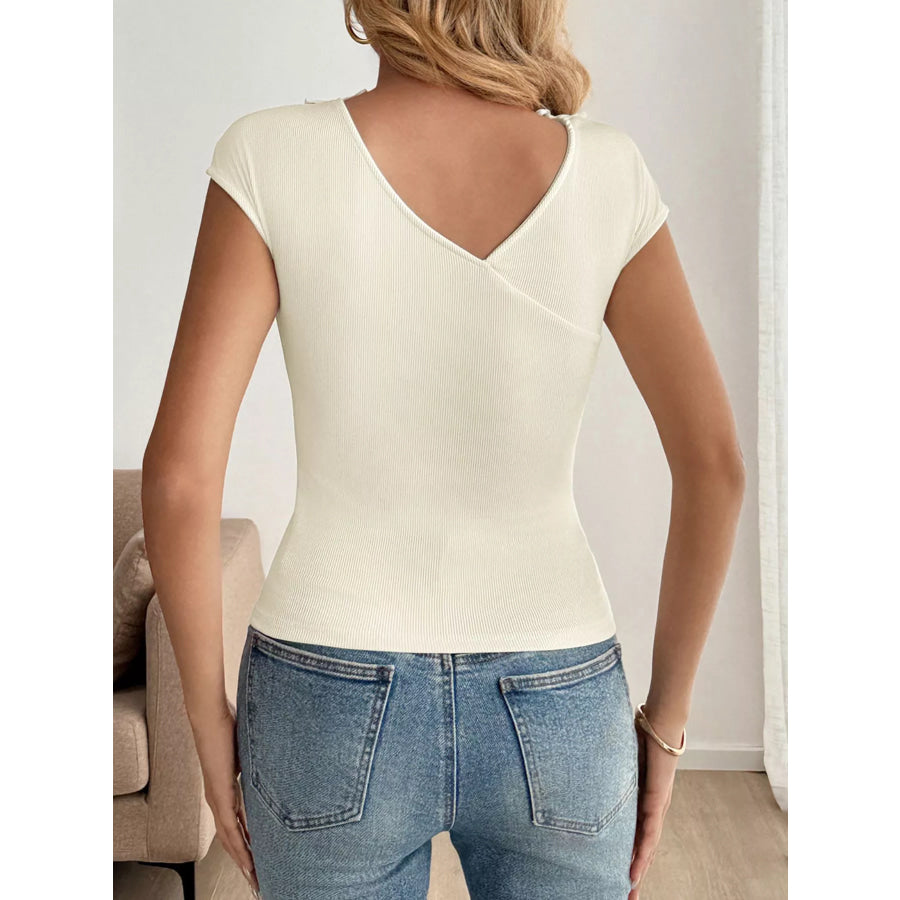 Ribbed Knit Bow Decor V-Neck T-Shirt Apparel and Accessories