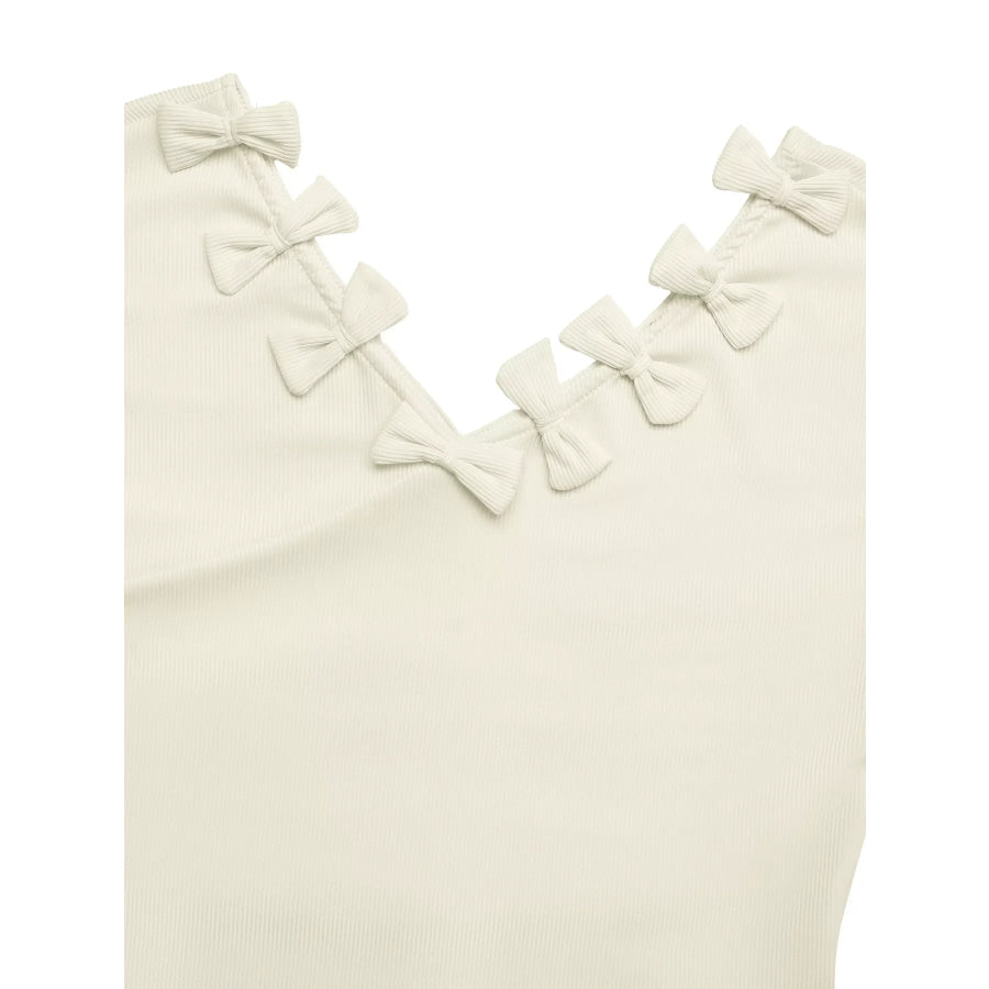 Ribbed Knit Bow Decor V-Neck T-Shirt Apparel and Accessories