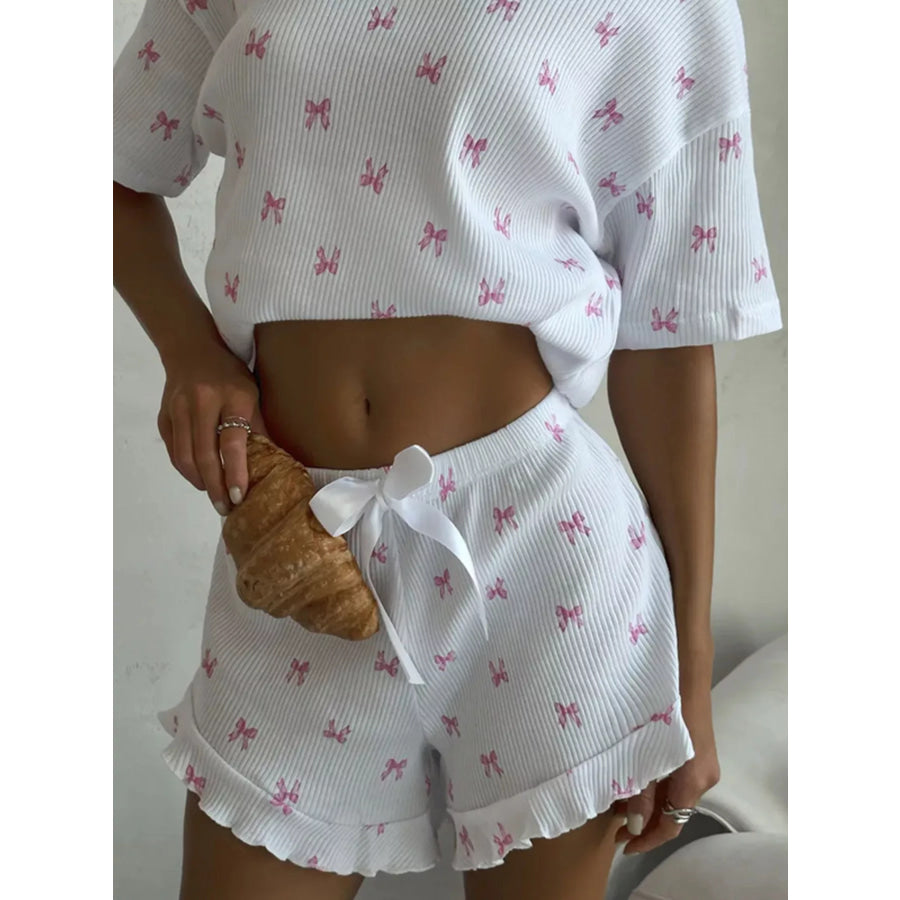 Ribbed Knit Bow Print Top and Shorts Lounge Set Apparel and Accessories