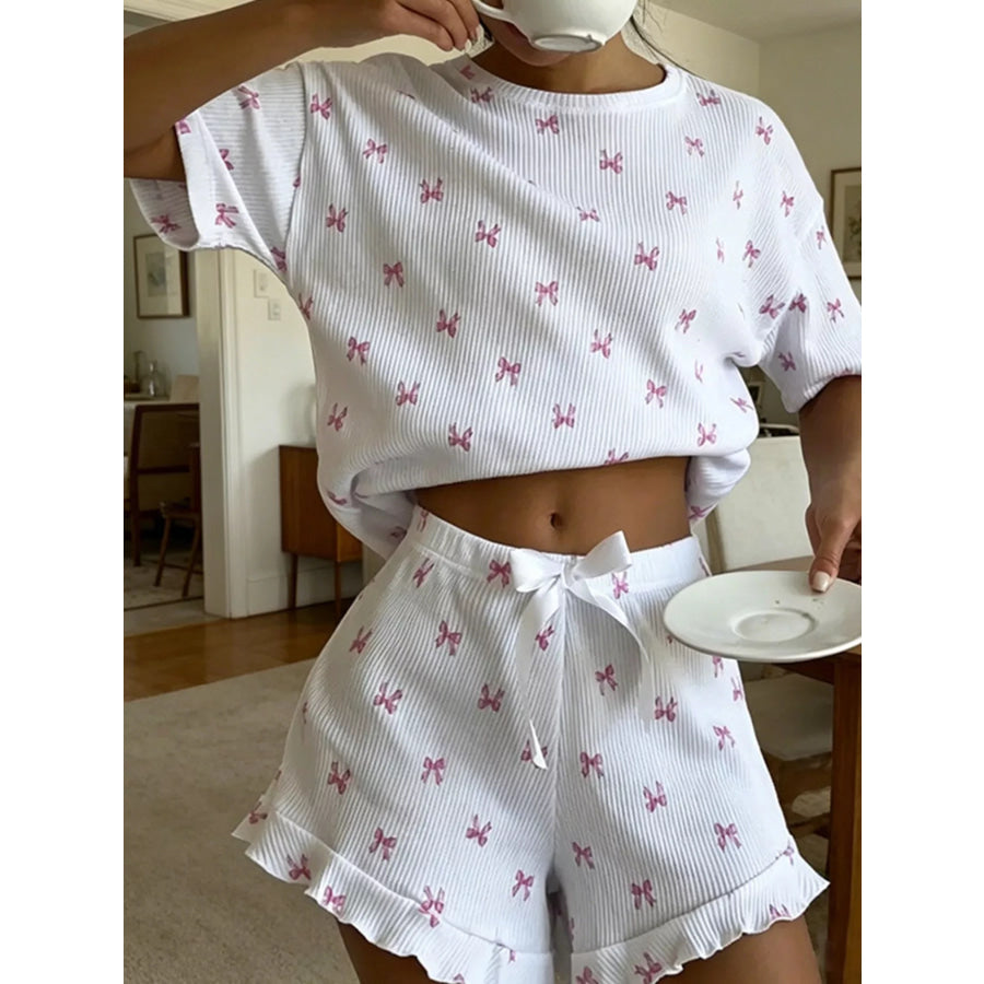 Ribbed Knit Bow Print Top and Shorts Lounge Set White / S Apparel Accessories