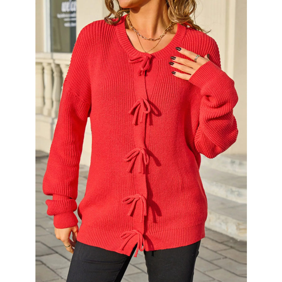 Ribbed Knit Bow-Tie Cardigan Apparel and Accessories